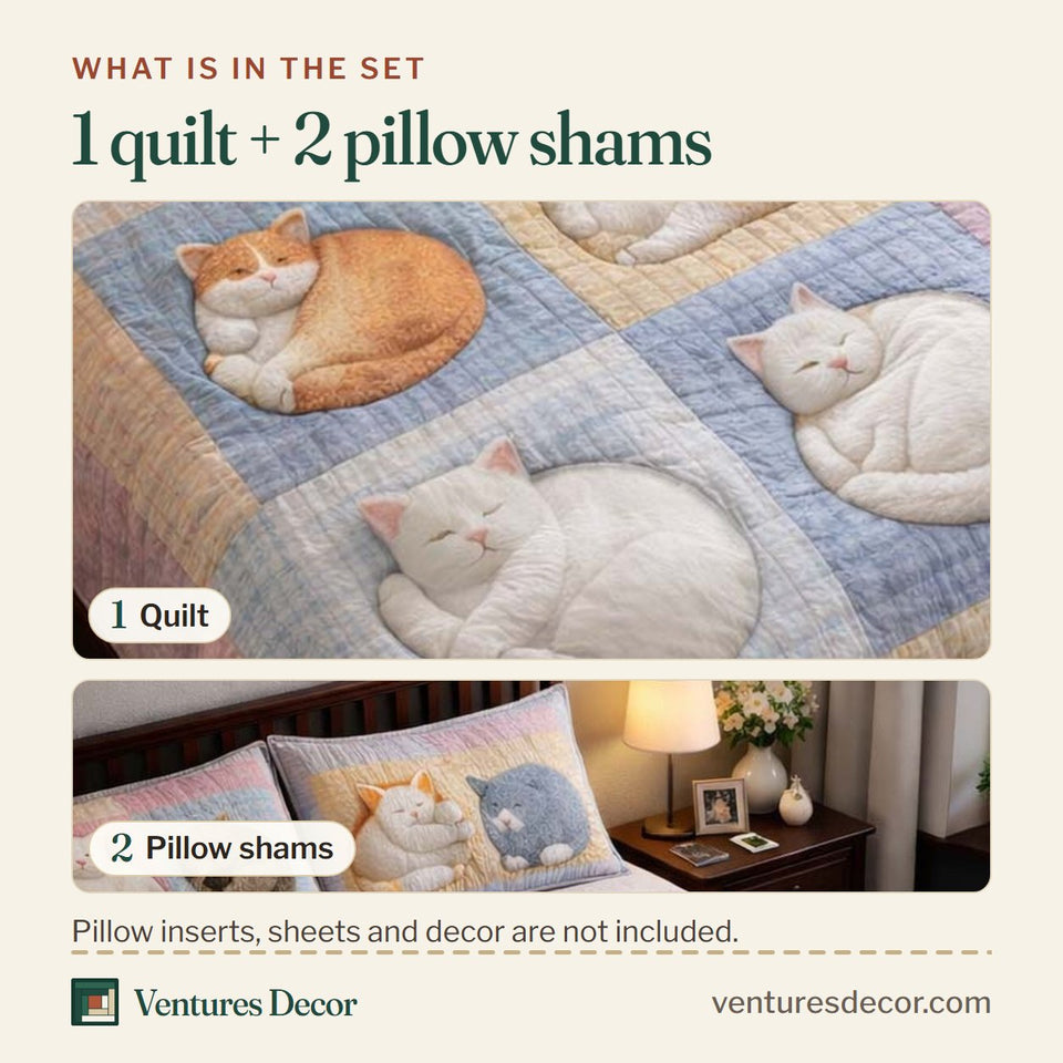 What is in the set: one quilt and two pillow shams, shown in the Adorable Cats Pastel Sleeping Curls design