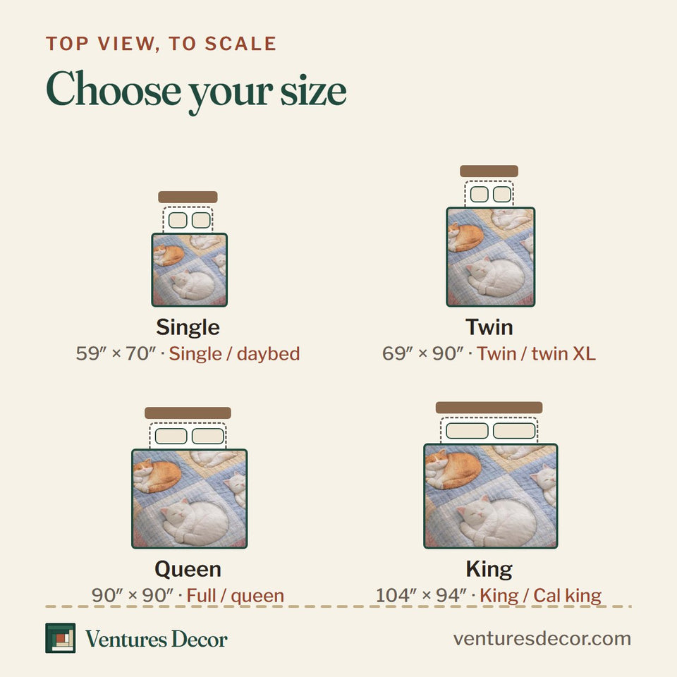 Size guide for the Adorable Cats Pastel Sleeping Curls quilt, top view to scale: Single 59 x 70 in, Twin 69 x 90 in, Queen 90 x 90 in, King 104 x 94 in