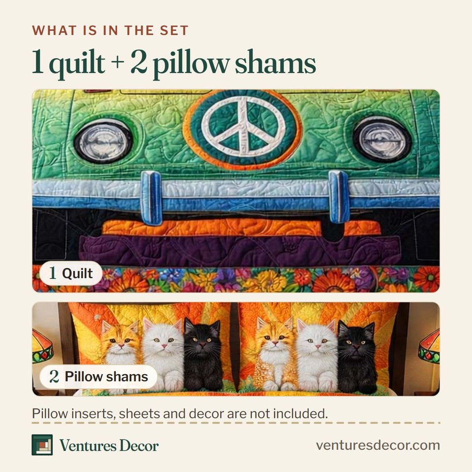 What is in the set: one quilt and two pillow shams, shown in the Adorable Cats design