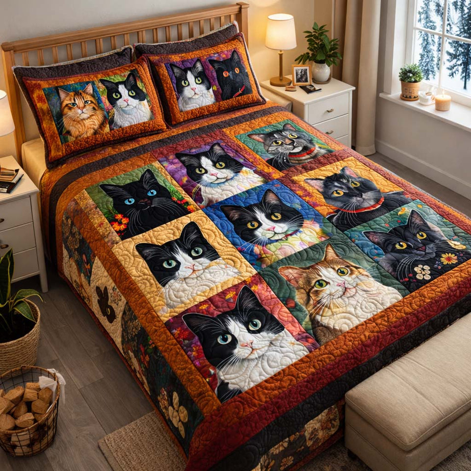 Adorable Cats Tuxedo Cats On Dark Blocks quilted bedding set, quilt and two pillow shams on a made bed