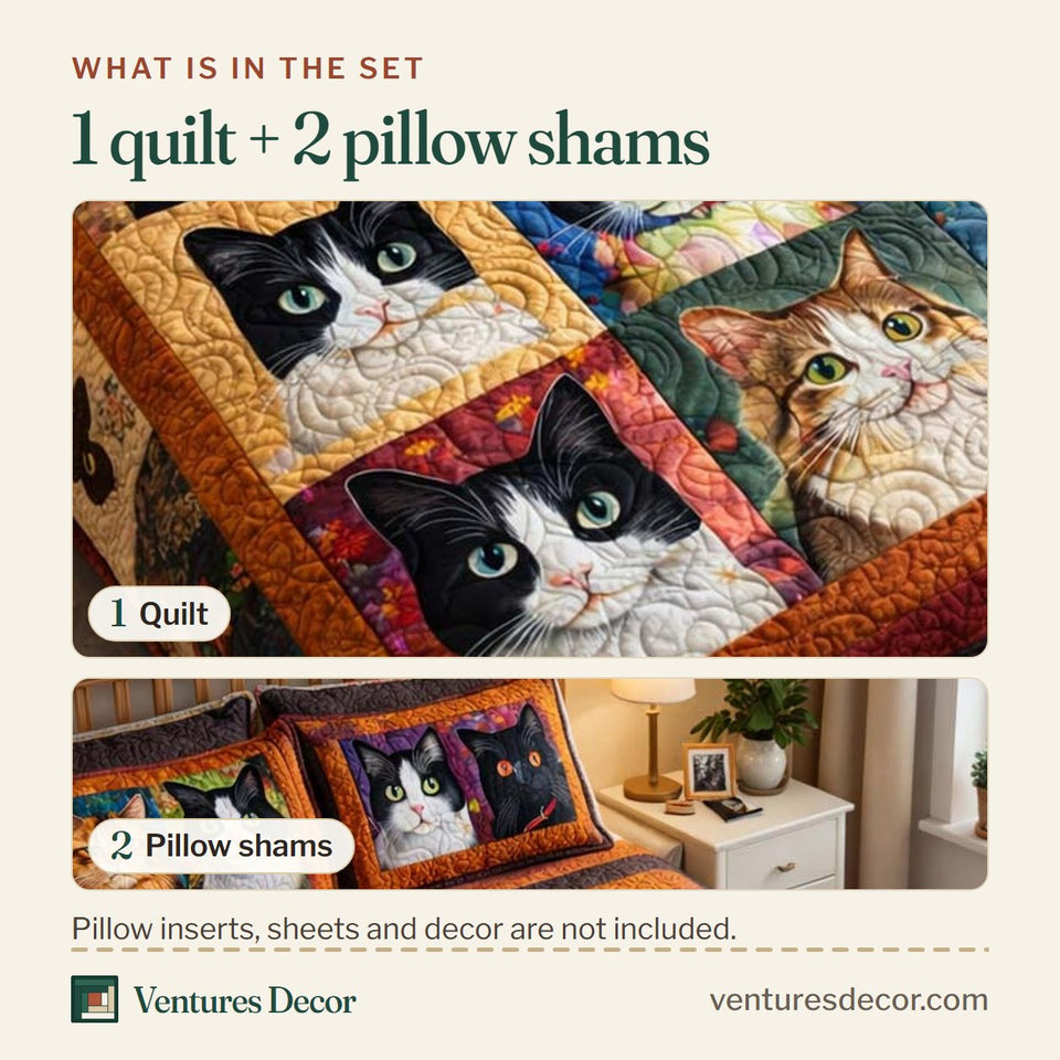 What is in the set: one quilt and two pillow shams, shown in the Adorable Cats Tuxedo Cats On Dark Blocks design