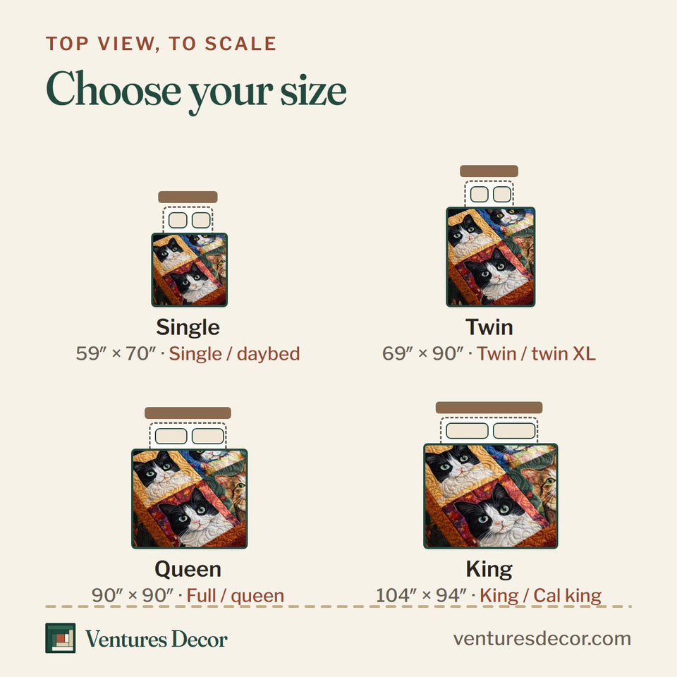 Size guide for the Adorable Cats Tuxedo Cats On Dark Blocks quilt, top view to scale: Single 59 x 70 in, Twin 69 x 90 in, Queen 90 x 90 in, King 104 x 94 in
