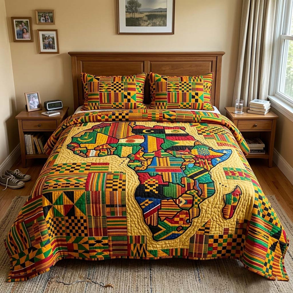 Africa Legacy Kente Color Block Map quilted bedding set, quilt and two pillow shams on a made bed