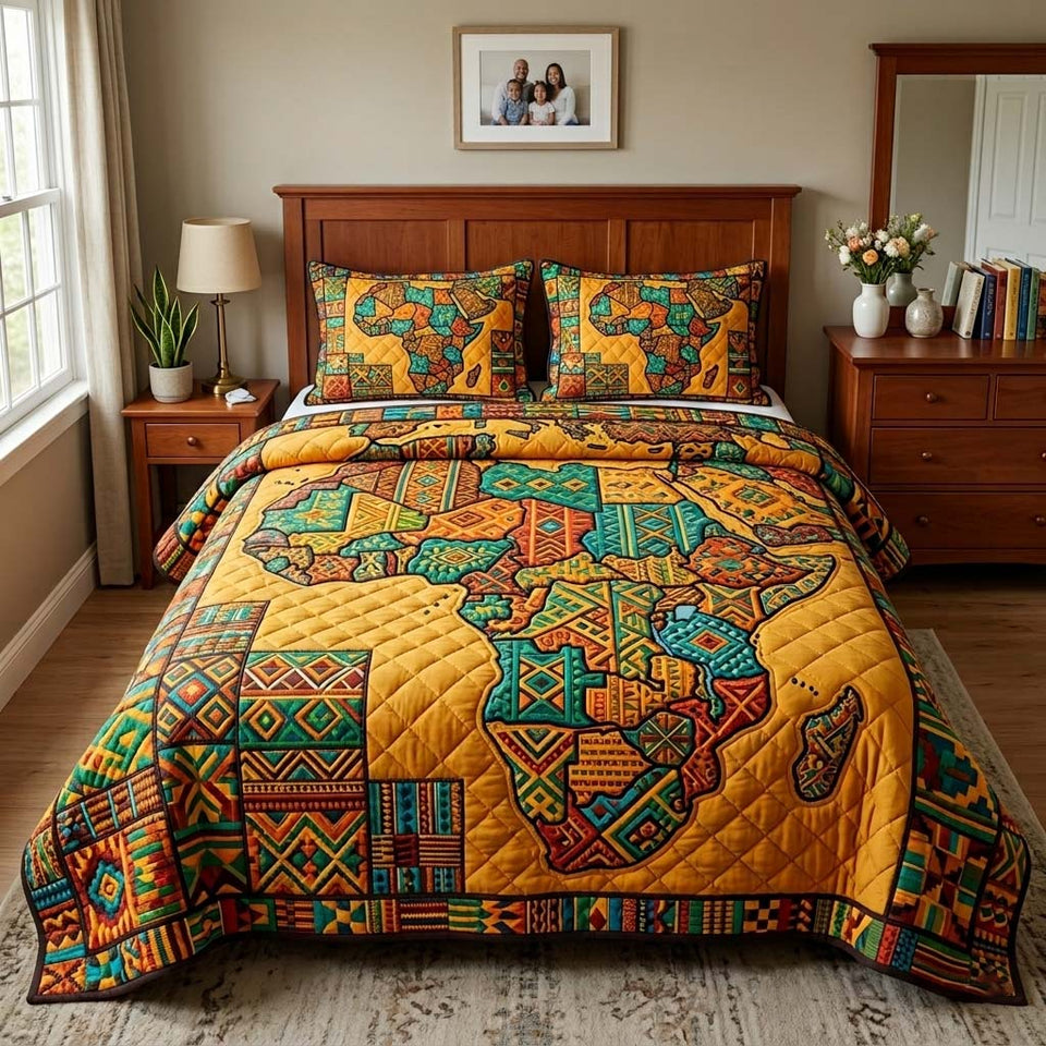 Africa Legacy Ochre Map with Lion Pillows quilted bedding set, quilt and two pillow shams on a made bed