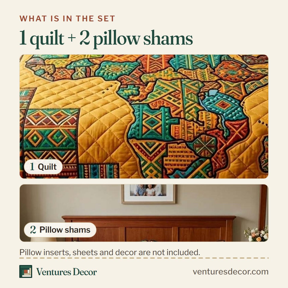 What is in the set: one quilt and two pillow shams, shown in the Africa Legacy Ochre Map with Lion Pillows design