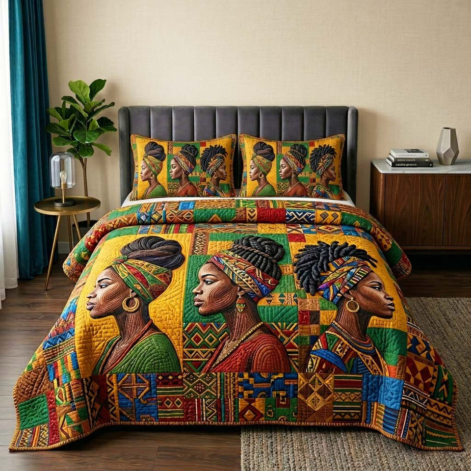 Africa Legacy Three Women in Bright Headwraps quilted bedding set, quilt and two pillow shams on a made bed