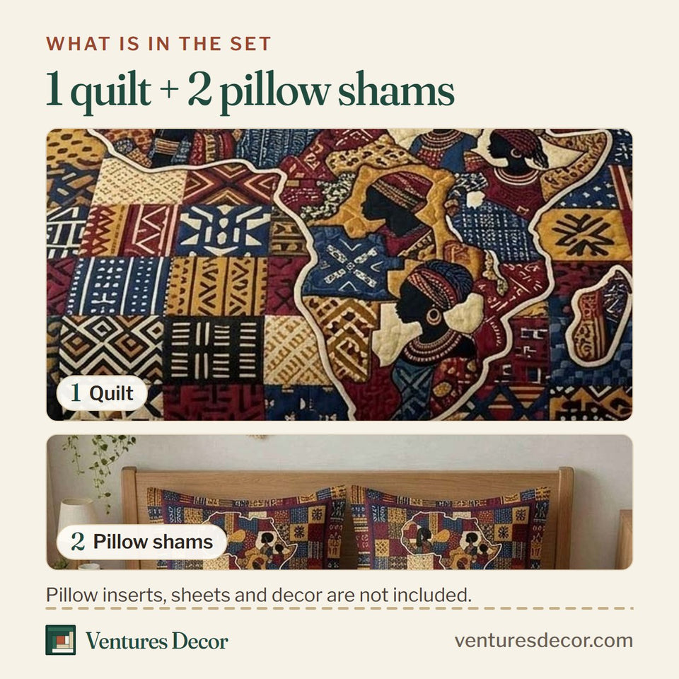 What is in the set: one quilt and two pillow shams, shown in the Africa Mosaic design