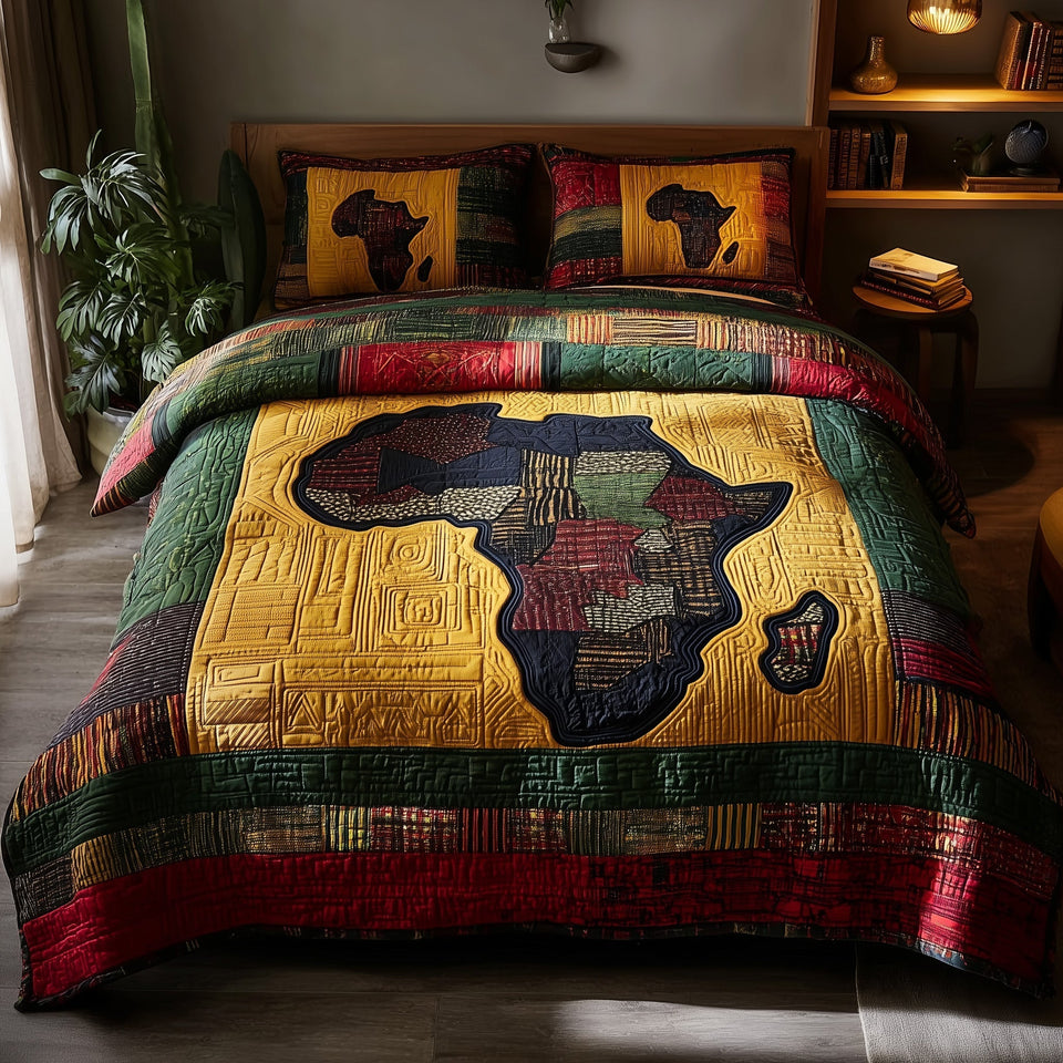African Heritage Golden Map on Green and Red Bands quilted bedding set, quilt and two pillow shams on a made bed