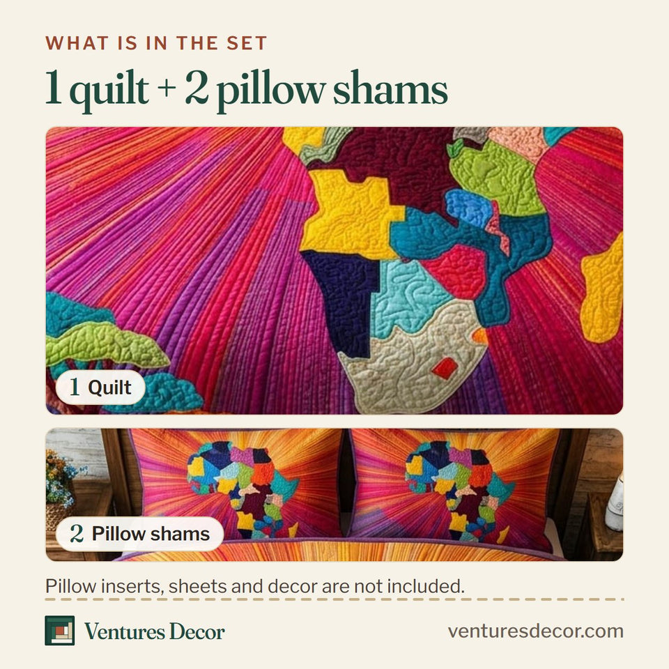 What is in the set: one quilt and two pillow shams, shown in the African Heritage Pink Sunburst Map with Acacia design