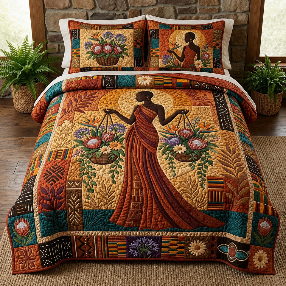 African Queen Flowing Gown Among Flower Baskets quilted bedding set, quilt and two pillow shams on a made bed