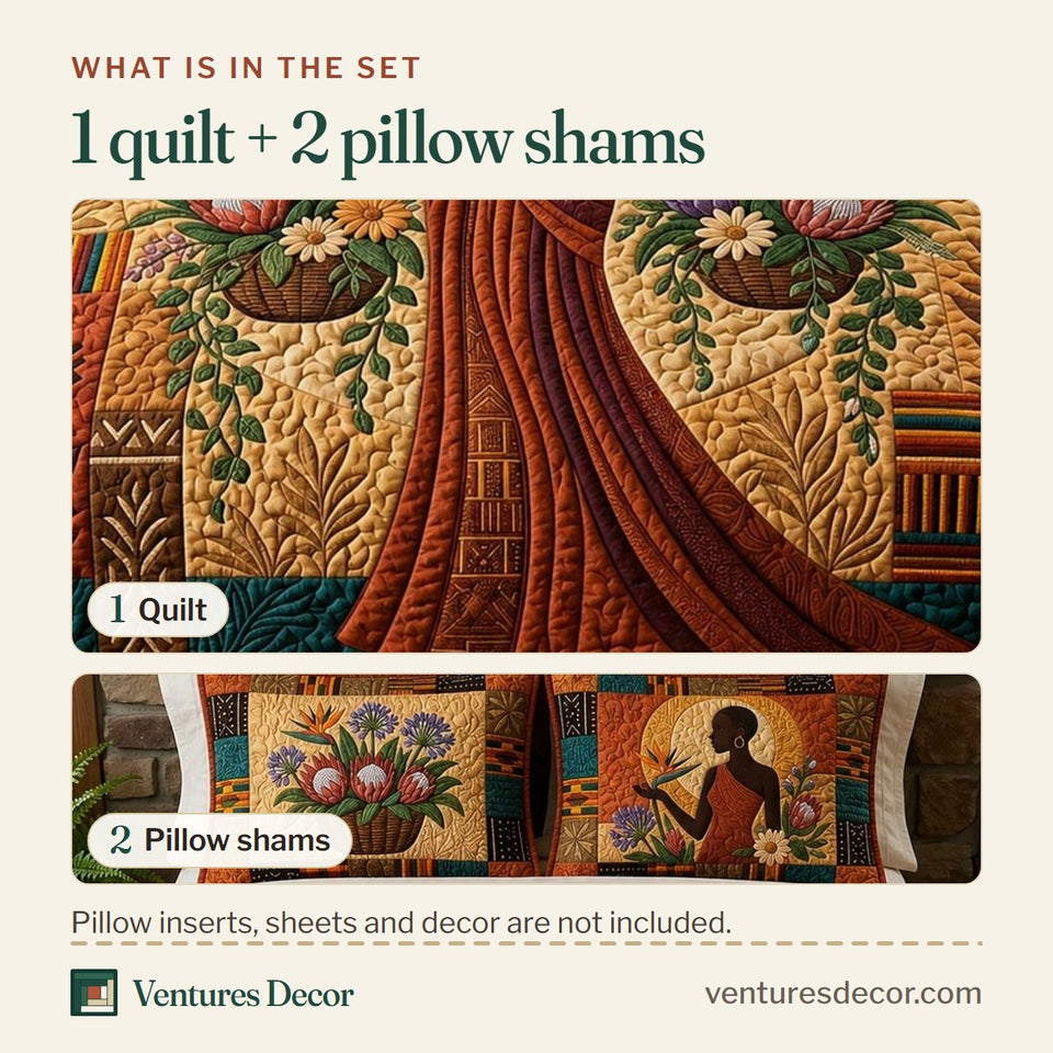 What is in the set: one quilt and two pillow shams, shown in the African Queen Flowing Gown Among Flower Baskets design