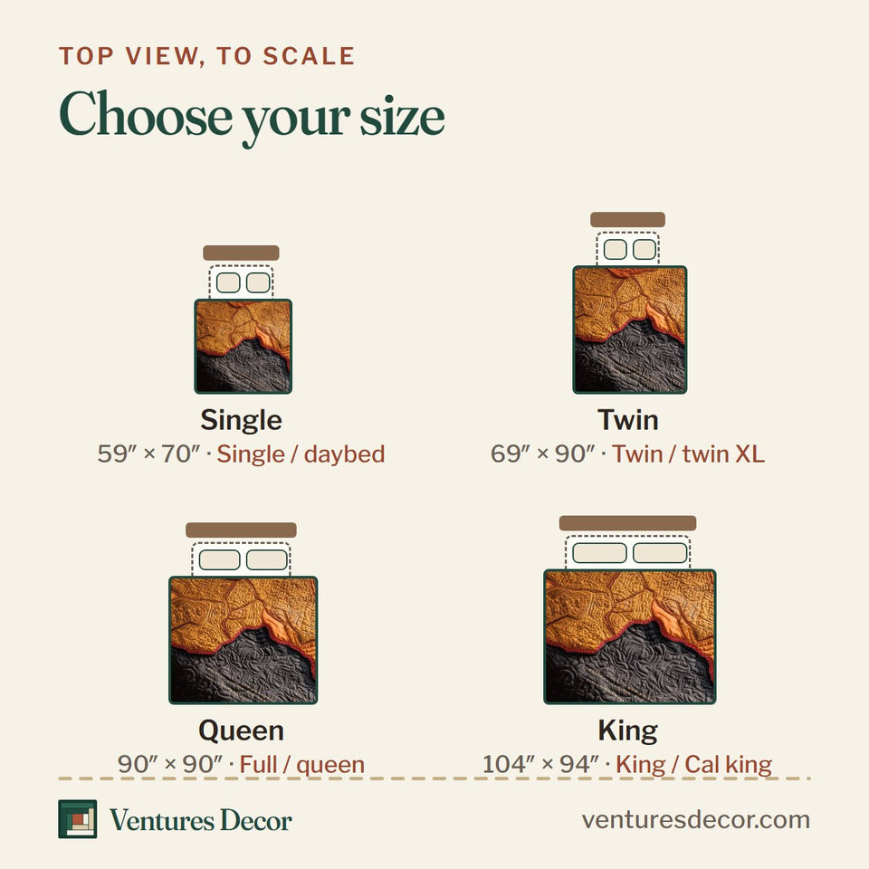 Size guide for the African Roots Amber Map on Charcoal quilt, top view to scale: Single 59 x 70 in, Twin 69 x 90 in, Queen 90 x 90 in, King 104 x 94 in