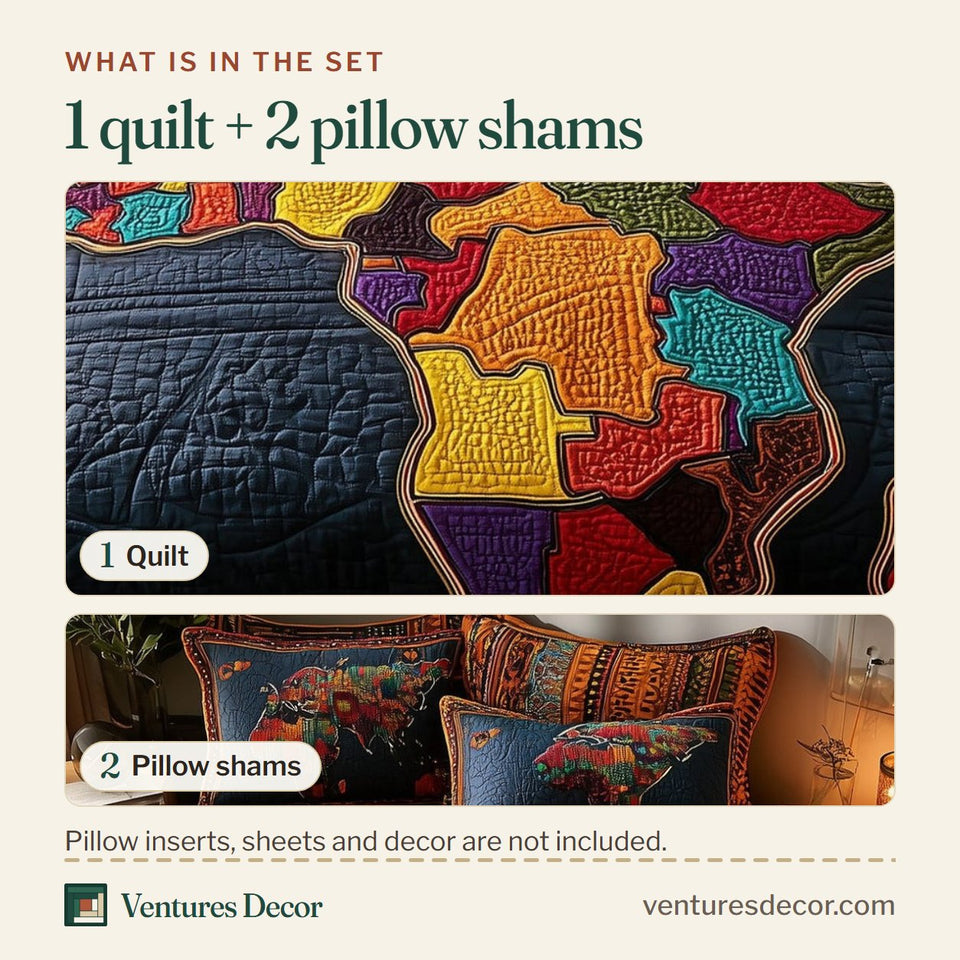 What is in the set: one quilt and two pillow shams, shown in the African Roots Color Block Map on Navy design