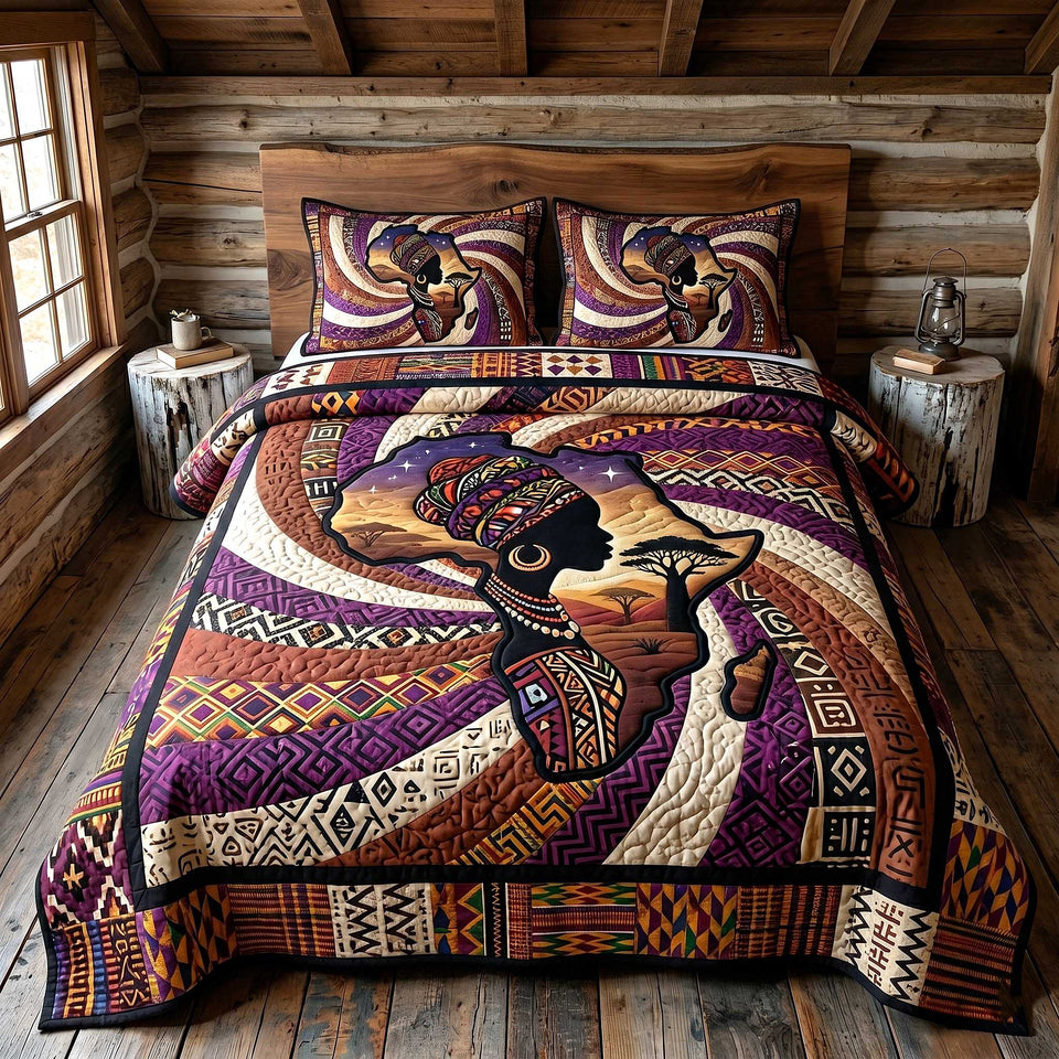 African Roots Purple Patchwork Portrait quilted bedding set, quilt and two pillow shams on a made bed