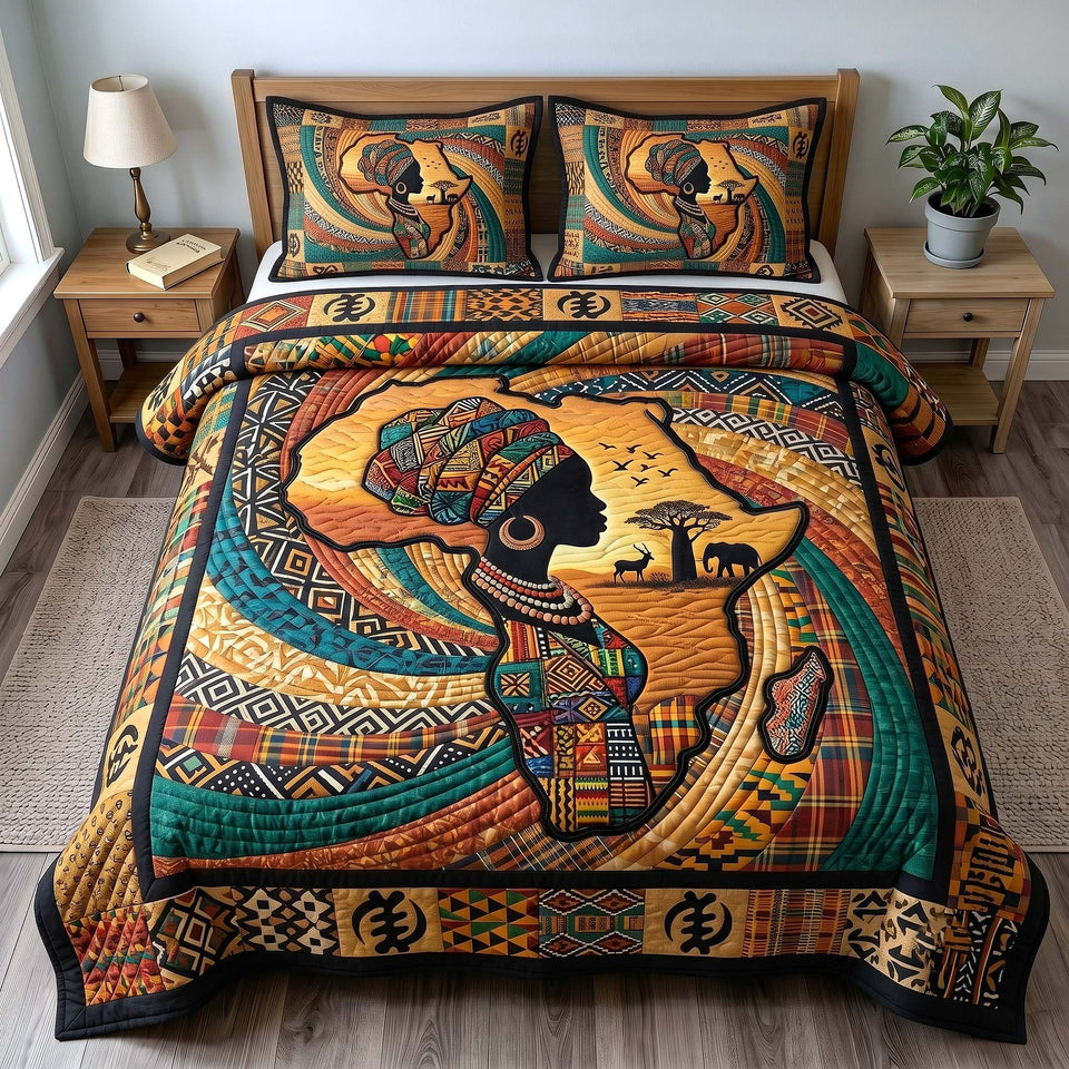 African Roots Teal Headwrap Profile quilted bedding set, quilt and two pillow shams on a made bed