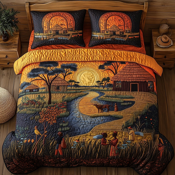 African Village quilted bedding set, quilt and two pillow shams on a made bed