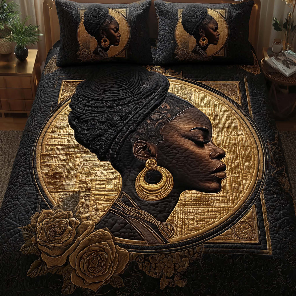 Afro Soul Headwrap In A Gold Square quilted bedding set, quilt and two pillow shams on a made bed