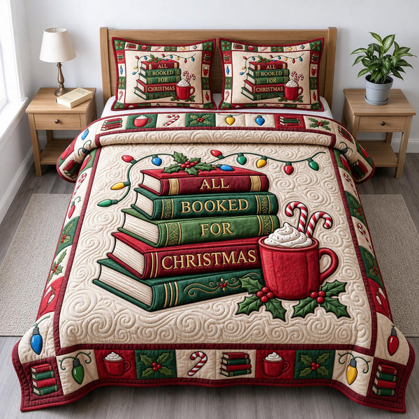 All Booked Candy Cane Stack quilted bedding set, quilt and two pillow shams on a made bed