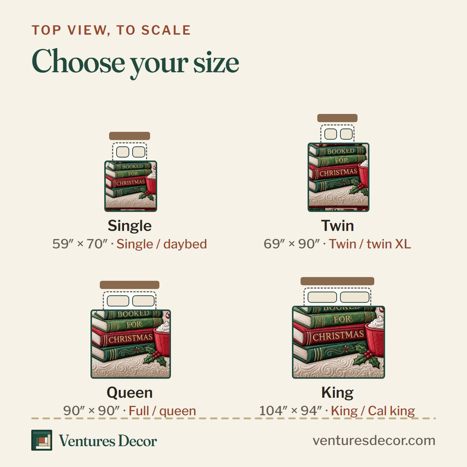 Size guide for the All Booked Candy Cane Stack quilt, top view to scale: Single 59 x 70 in, Twin 69 x 90 in, Queen 90 x 90 in, King 104 x 94 in