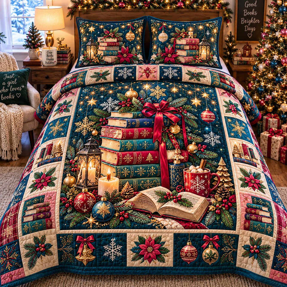All Booked For Christmas Bedding quilted bedding set, quilt and two pillow shams on a made bed
