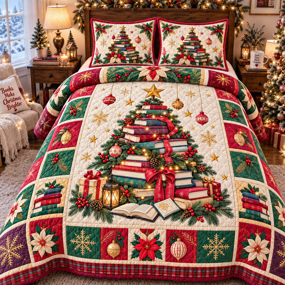 All Booked For Christmas quilted bedding set, quilt and two pillow shams on a made bed
