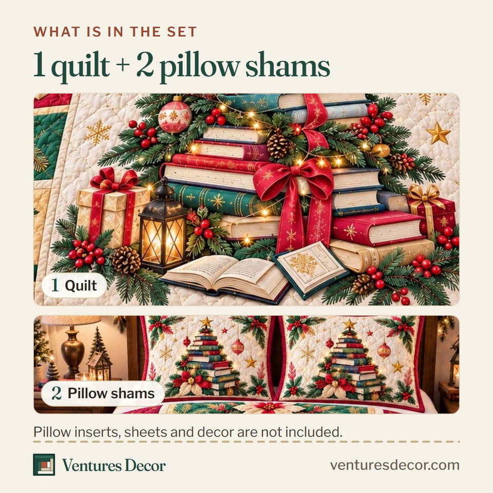 What is in the set: one quilt and two pillow shams, shown in the All Booked For Christmas design