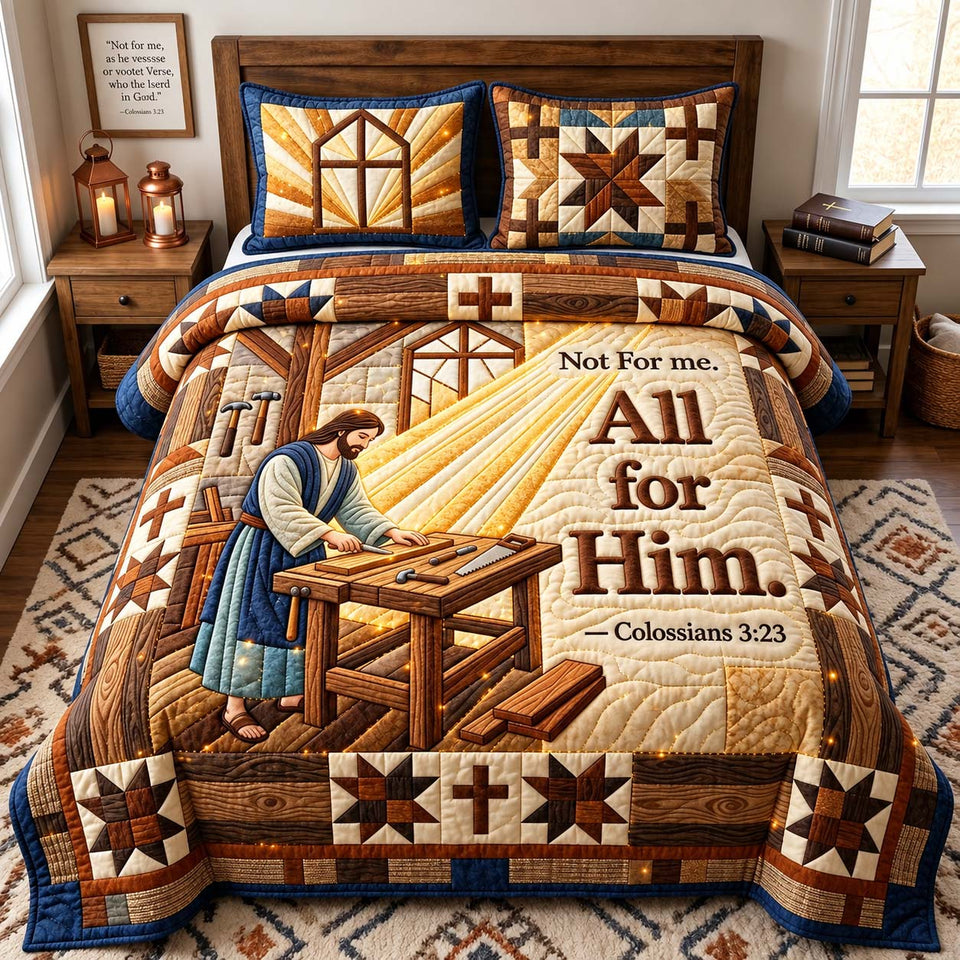 All For Him quilted bedding set, quilt and two pillow shams on a made bed