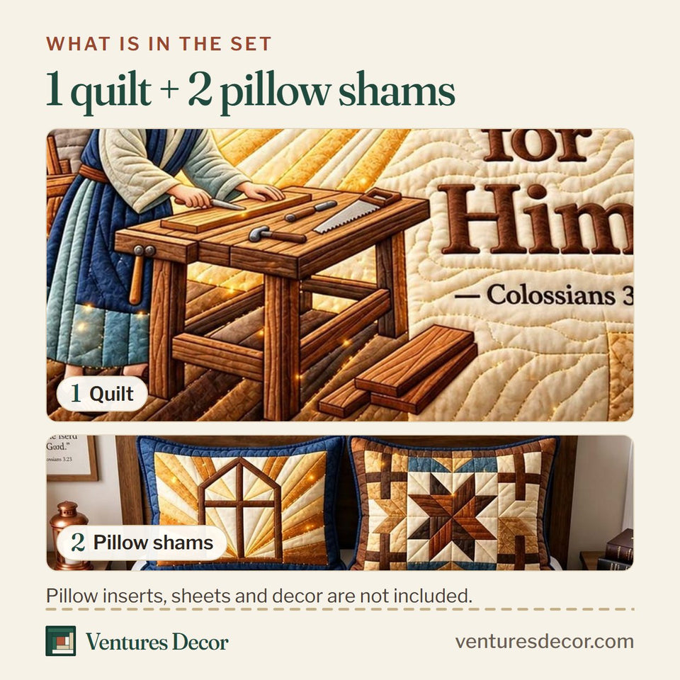 What is in the set: one quilt and two pillow shams, shown in the All For Him design