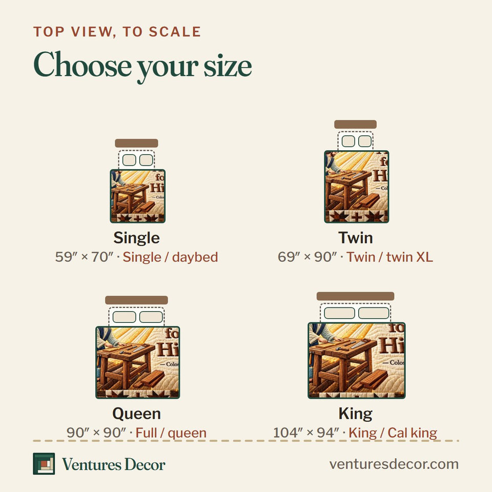 Size guide for the All For Him quilt, top view to scale: Single 59 x 70 in, Twin 69 x 90 in, Queen 90 x 90 in, King 104 x 94 in