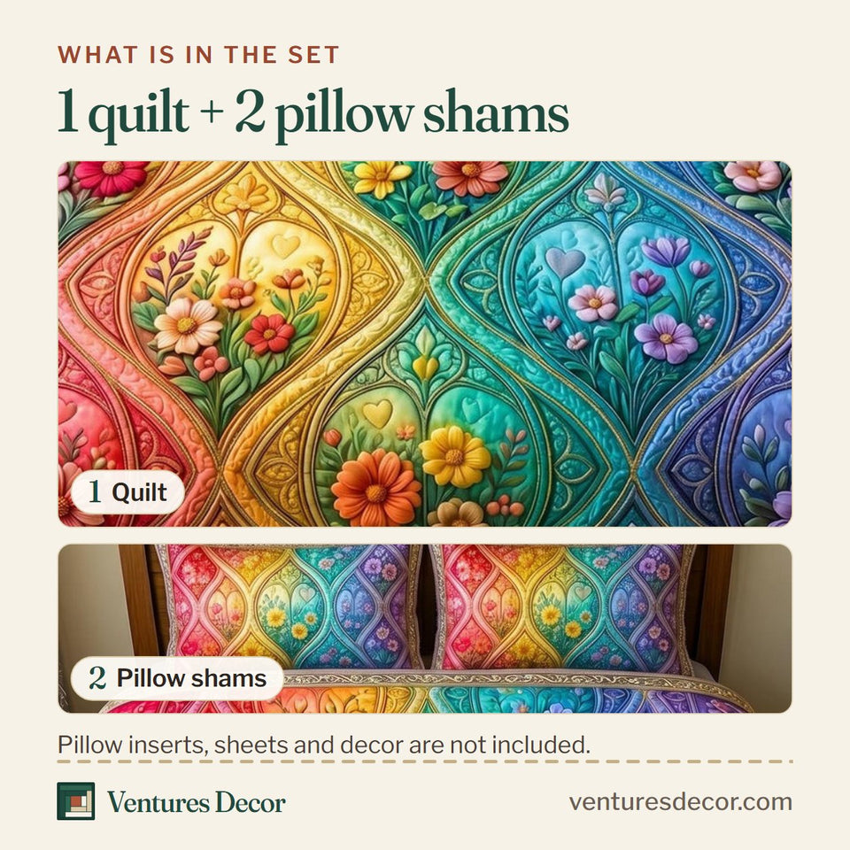 What is in the set: one quilt and two pillow shams, shown in the All Love Belongs design
