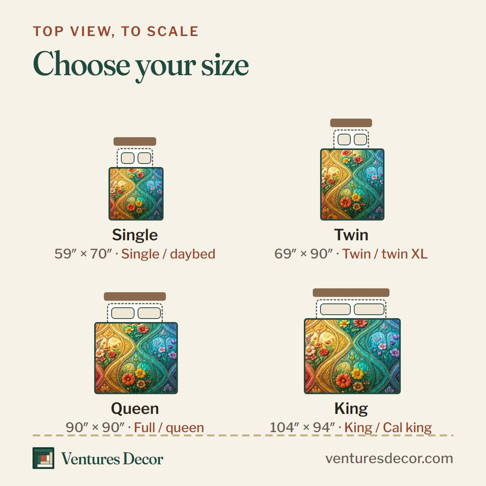 Size guide for the All Love Belongs quilt, top view to scale: Single 59 x 70 in, Twin 69 x 90 in, Queen 90 x 90 in, King 104 x 94 in