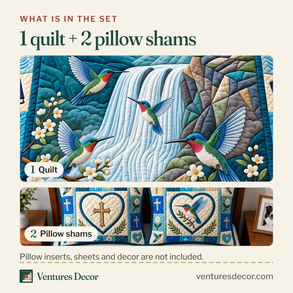What is in the set: one quilt and two pillow shams, shown in the All Things Are Possible design