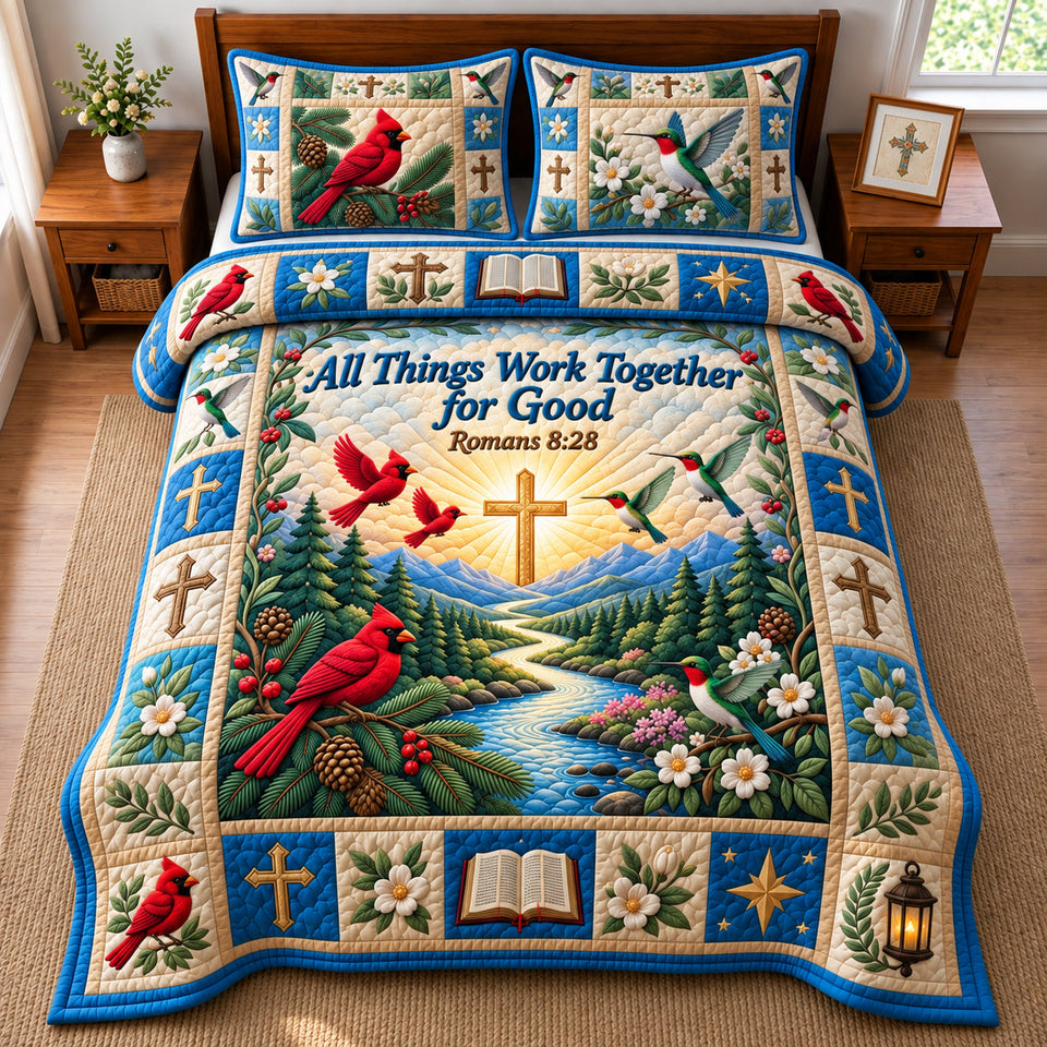 All Things Work Together quilted bedding set, quilt and two pillow shams on a made bed
