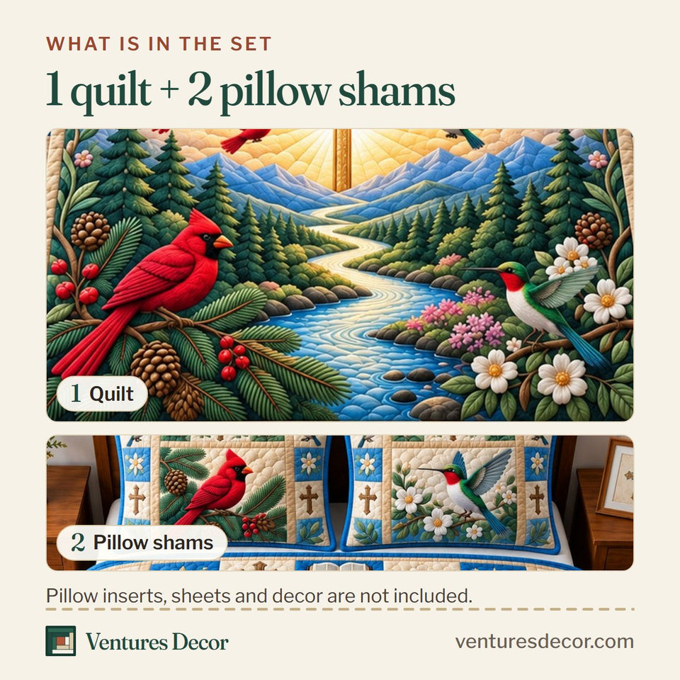 What is in the set: one quilt and two pillow shams, shown in the All Things Work Together design