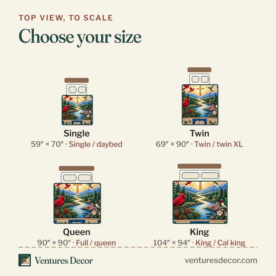 Size guide for the All Things Work Together quilt, top view to scale: Single 59 x 70 in, Twin 69 x 90 in, Queen 90 x 90 in, King 104 x 94 in