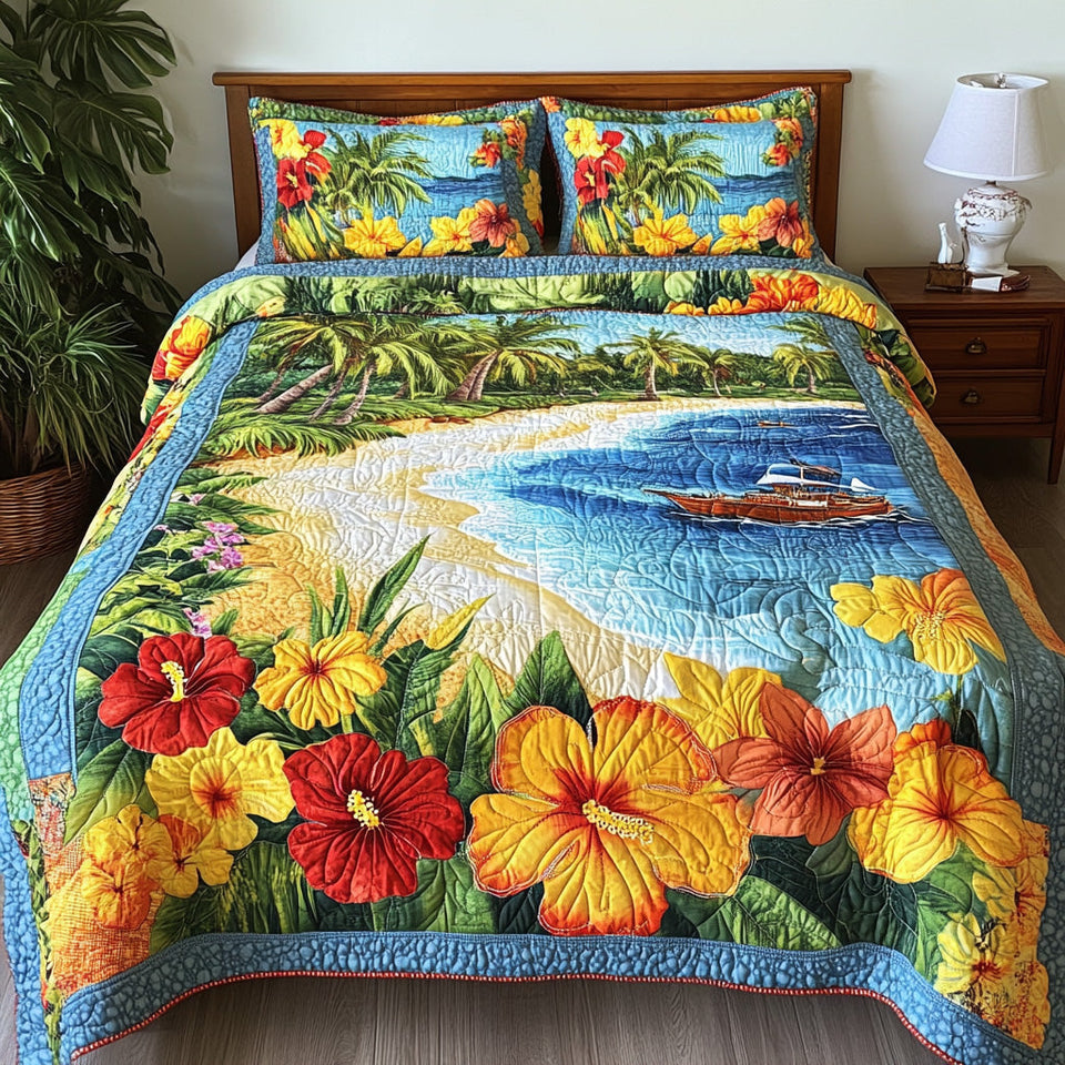 Aloha Beach Boat on the Bay with Tropical Blooms quilted bedding set, quilt and two pillow shams on a made bed