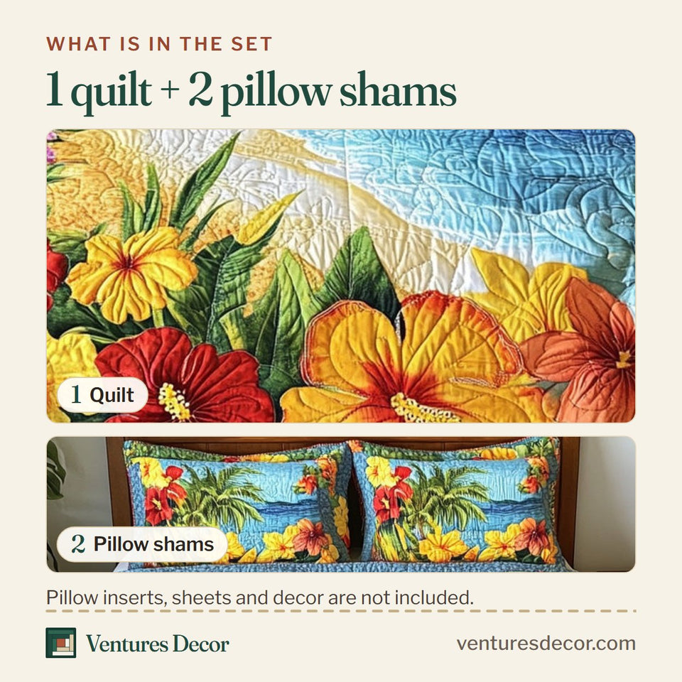 What is in the set: one quilt and two pillow shams, shown in the Aloha Beach Boat on the Bay with Tropical Blooms design