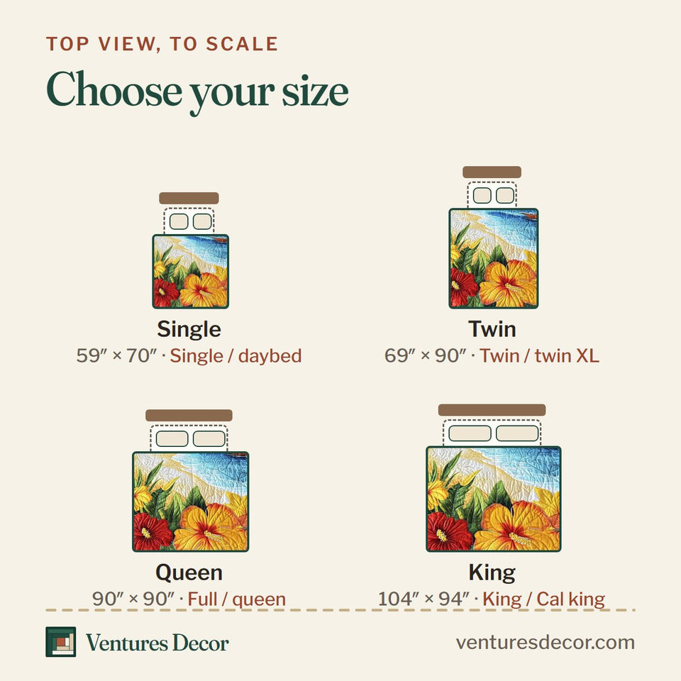 Size guide for the Aloha Beach Boat on the Bay with Tropical Blooms quilt, top view to scale: Single 59 x 70 in, Twin 69 x 90 in, Queen 90 x 90 in, King 104 x 94 in