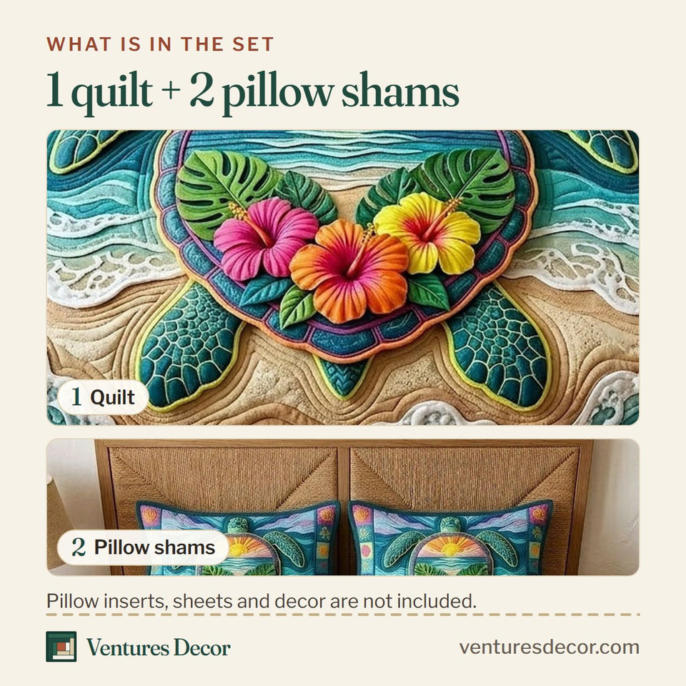 What is in the set: one quilt and two pillow shams, shown in the Aloha Breeze Turtle Shell Sunset design
