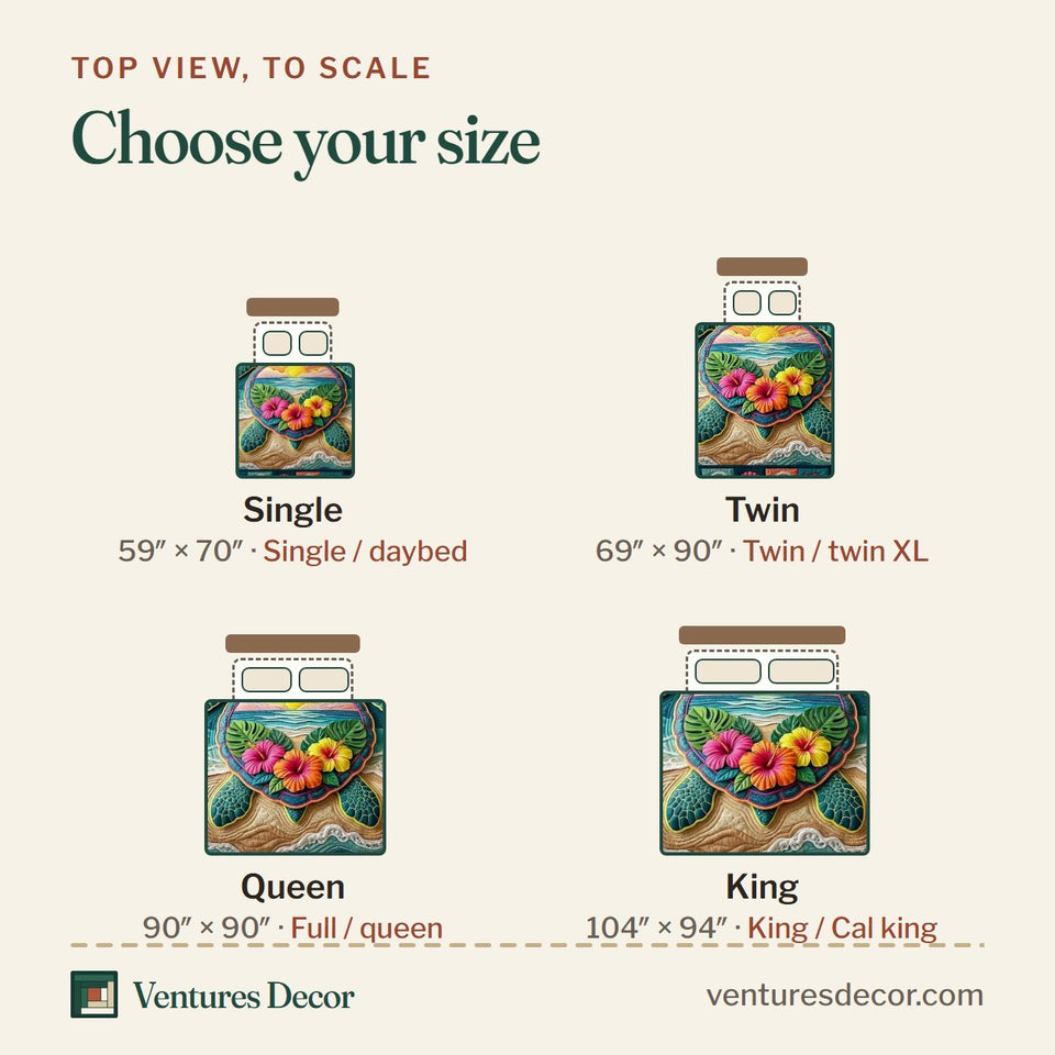 Size guide for the Aloha Breeze Turtle Shell Sunset quilt, top view to scale: Single 59 x 70 in, Twin 69 x 90 in, Queen 90 x 90 in, King 104 x 94 in