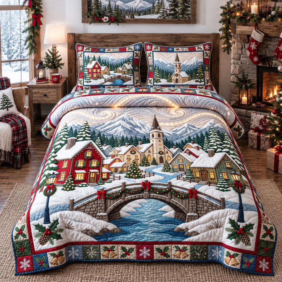 Alpine Mountain Village quilted bedding set, quilt and two pillow shams on a made bed