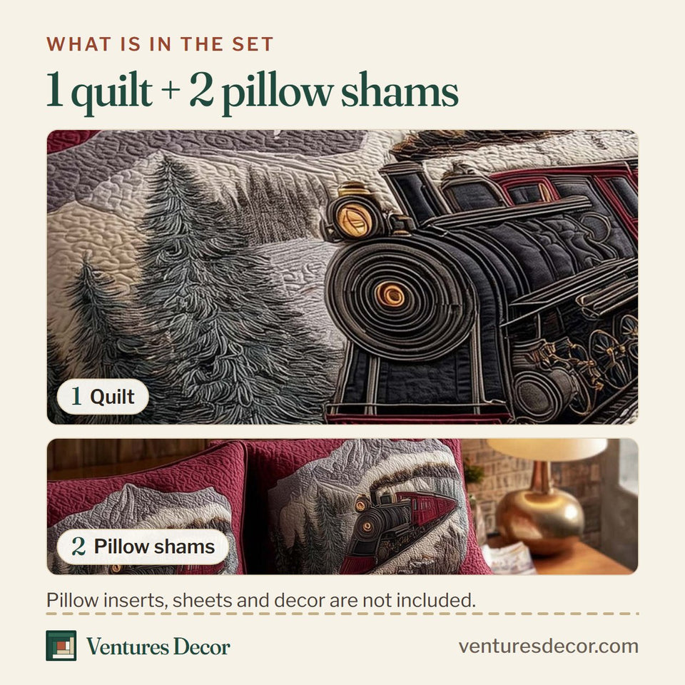 What is in the set: one quilt and two pillow shams, shown in the Alpine Steam Train Ride design