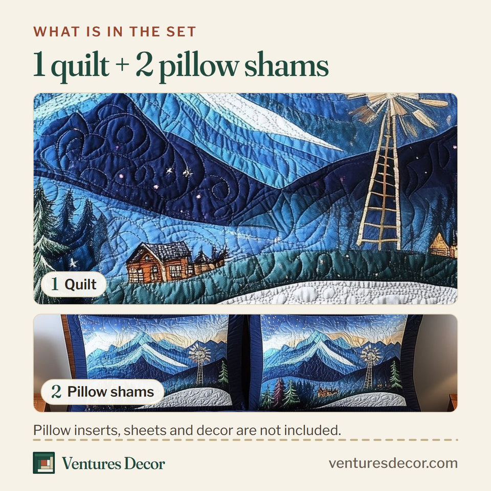 What is in the set: one quilt and two pillow shams, shown in the Alpine Windmill Nightfall design