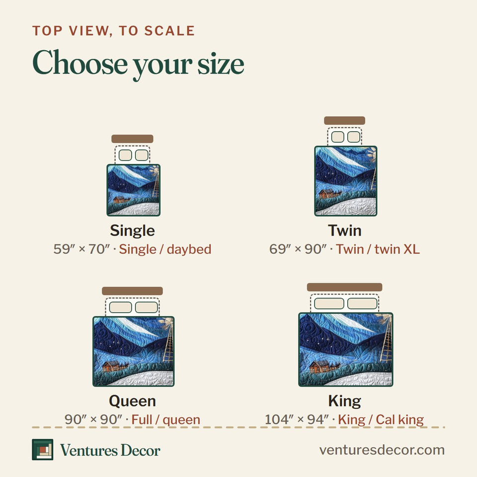 Size guide for the Alpine Windmill Nightfall quilt, top view to scale: Single 59 x 70 in, Twin 69 x 90 in, Queen 90 x 90 in, King 104 x 94 in