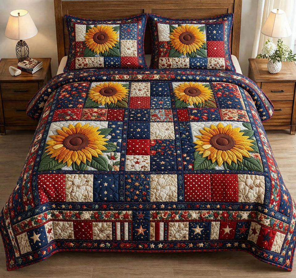 Amber Bloom Americana Squares quilted bedding set, quilt and two pillow shams on a made bed