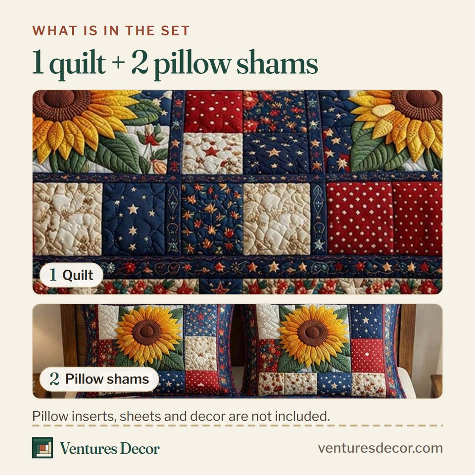 What is in the set: one quilt and two pillow shams, shown in the Amber Bloom Americana Squares design