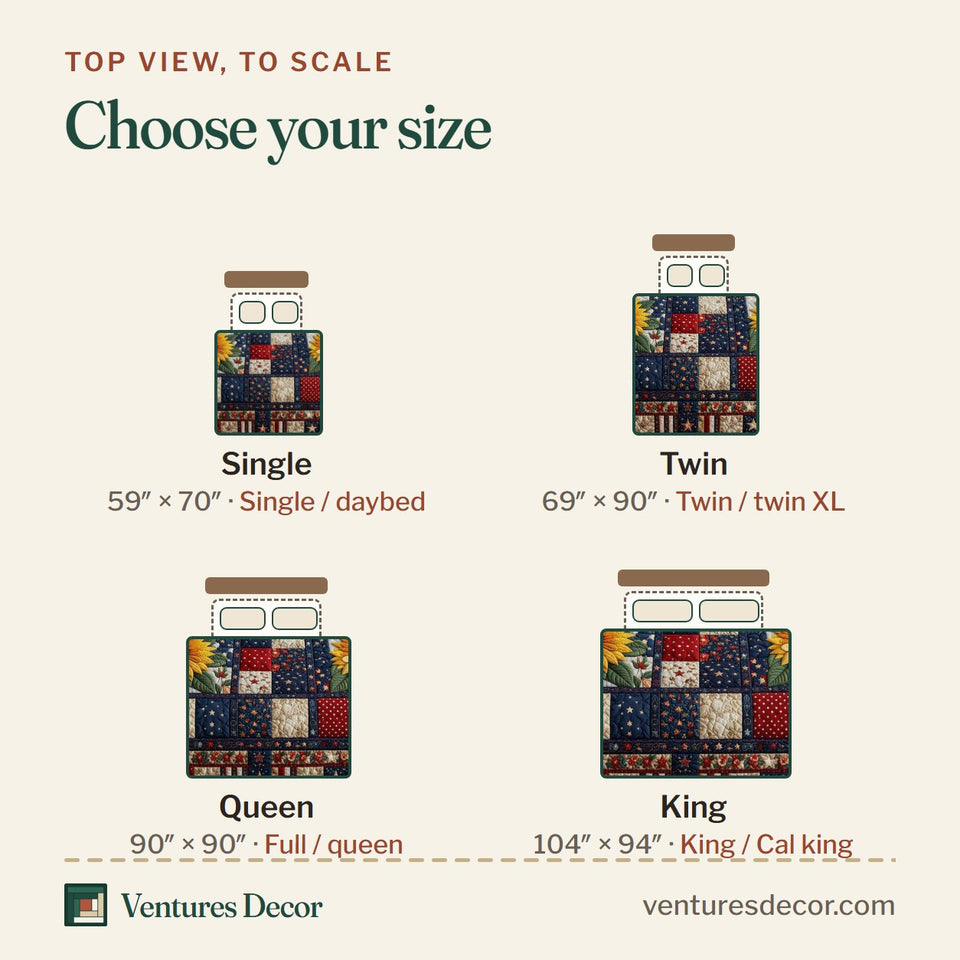 Size guide for the Amber Bloom Americana Squares quilt, top view to scale: Single 59 x 70 in, Twin 69 x 90 in, Queen 90 x 90 in, King 104 x 94 in