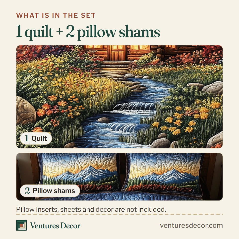 What is in the set: one quilt and two pillow shams, shown in the Amber Forest Refuge design