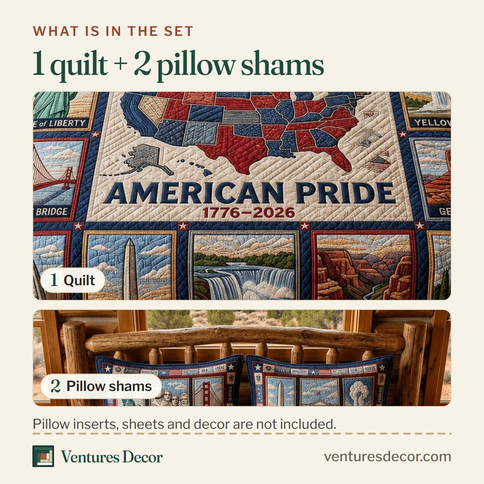 What is in the set: one quilt and two pillow shams, shown in the America 250 Landmark Patchwork Panels design