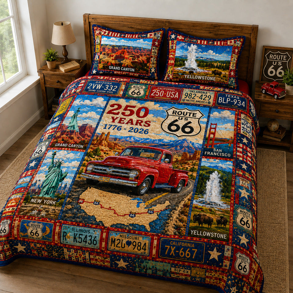 America 250 Red Pickup Road Trip Postcards quilted bedding set, another view of the printed design